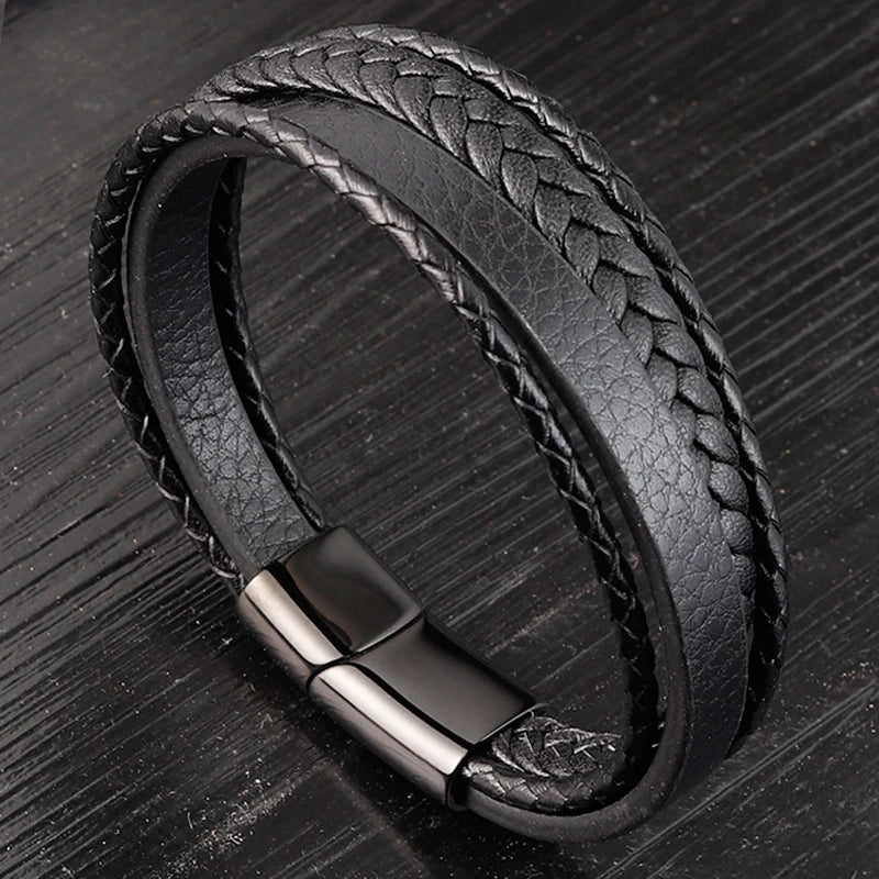 Multi-Layer Leather Bracelet with Geometric Pattern