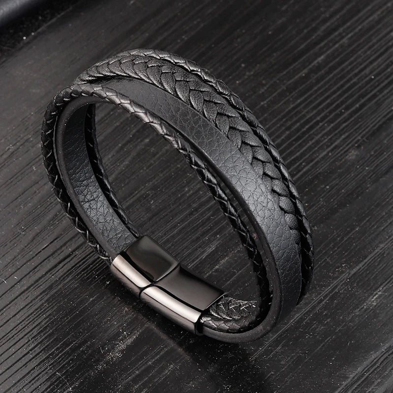 Multi-Layer Leather Bracelet with Geometric Pattern