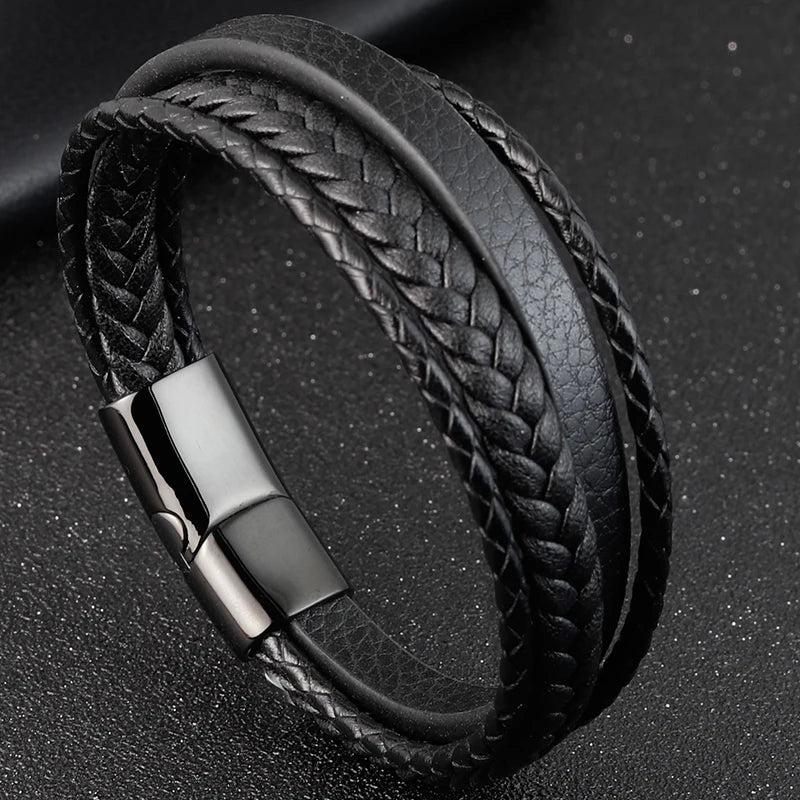 Multi-Layer Leather Bracelet with Geometric Pattern