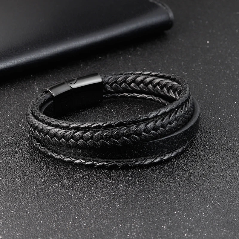Multi-Layer Leather Bracelet with Geometric Pattern