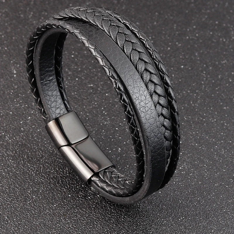 Multi-Layer Leather Bracelet with Geometric Pattern