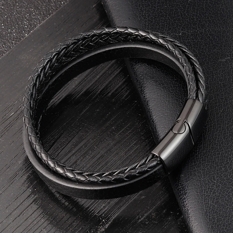 Multi-Layer Leather Bracelet with Geometric Pattern