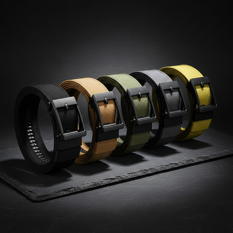 All 5 tactical belts laid out in a row