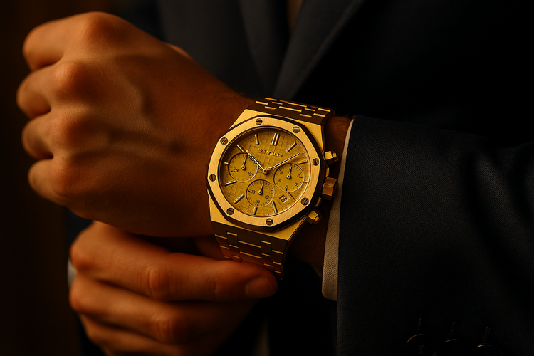 All-gold Zauralith watch lifestyle shot - alternative angle