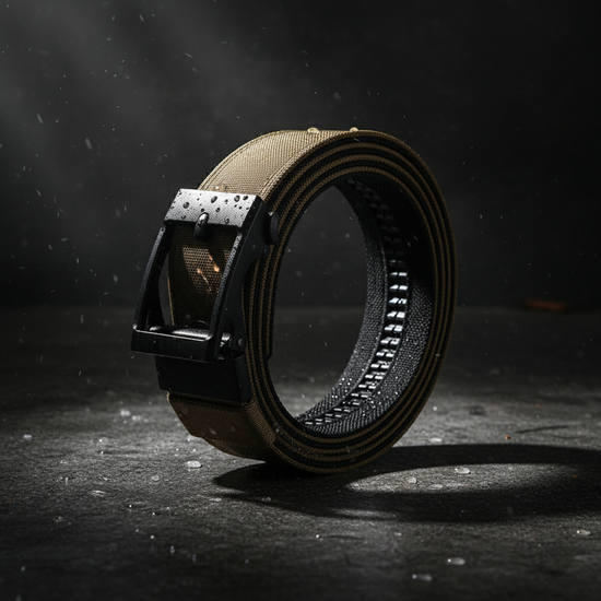 Artistic shot of brown tactical belt on weathered surface