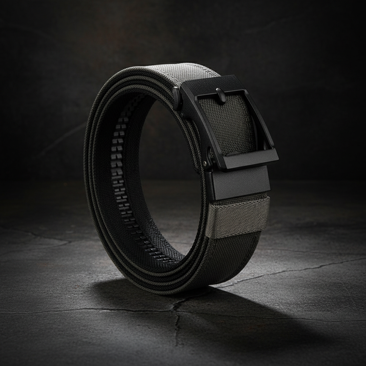 Artistic shot of gray tactical belt on weathered surface