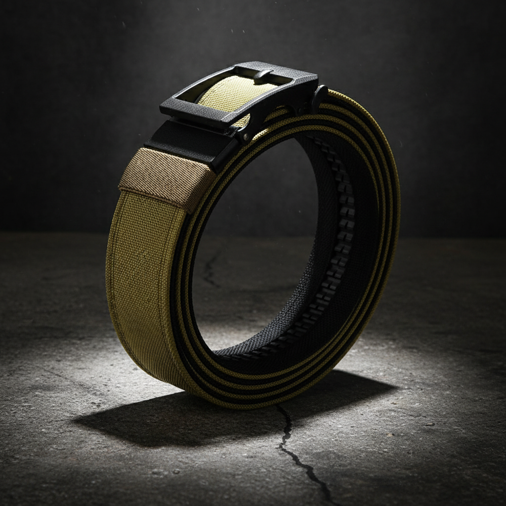 Artistic shot of tan tactical belt on weathered surface