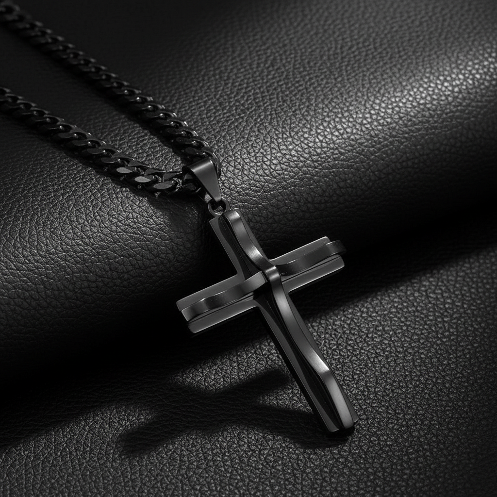 Black cross necklace on black leather