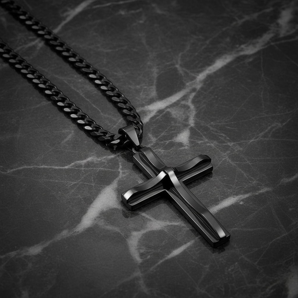 Black cross necklace on dark marble