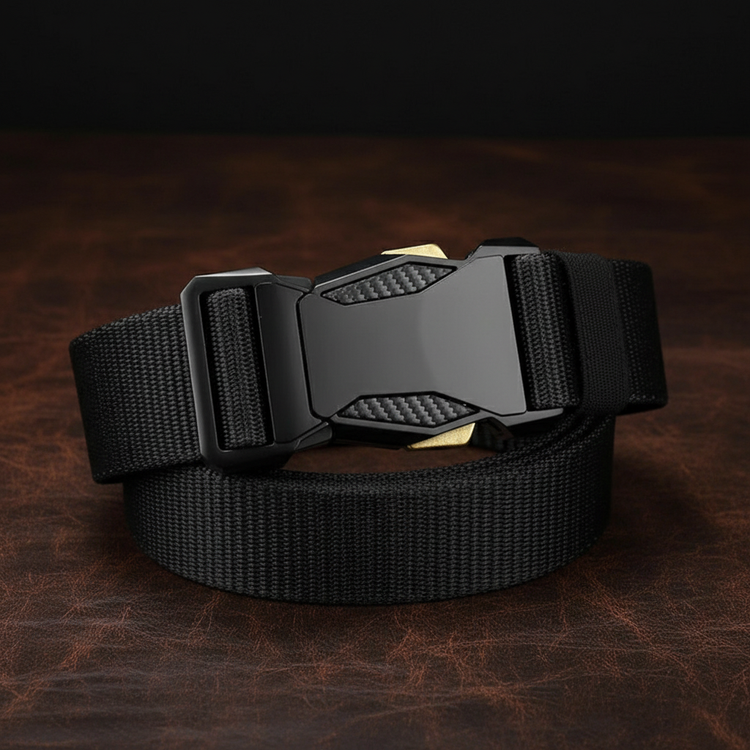 Black tactical belt on leather surface