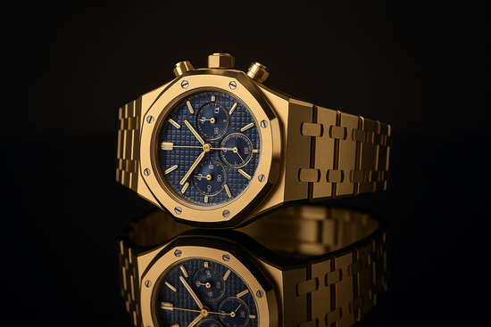 Blue dial gold watch side profile with reflection