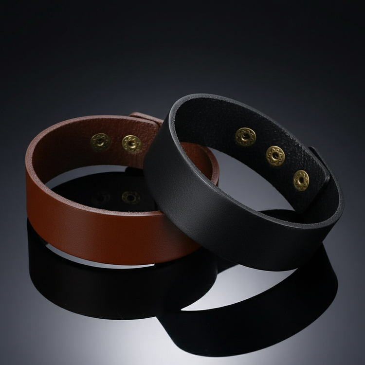 Brown and black smooth leather bracelets on black table