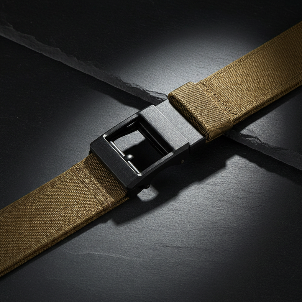 Brown tactical belt on dark slate background
