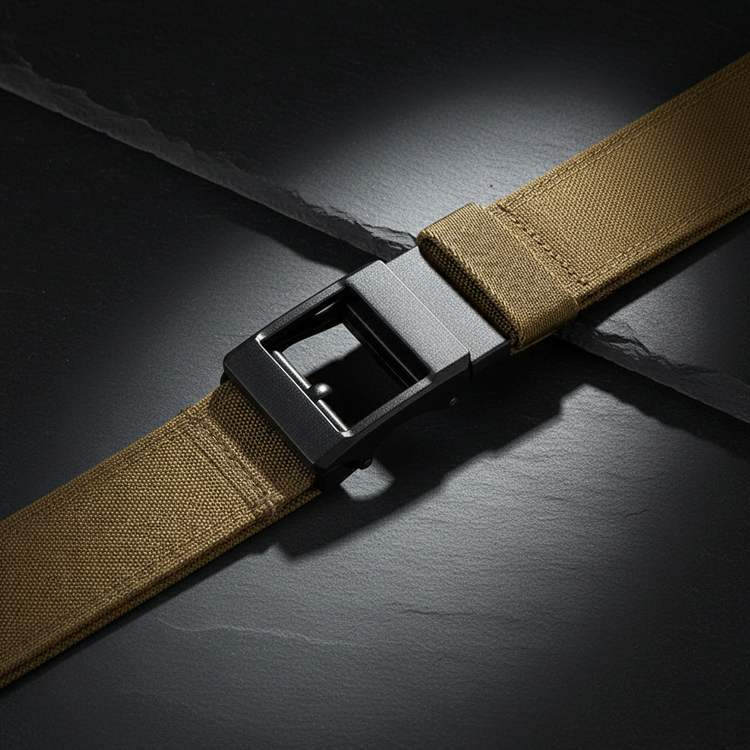 Brown tactical belt on dark slate background