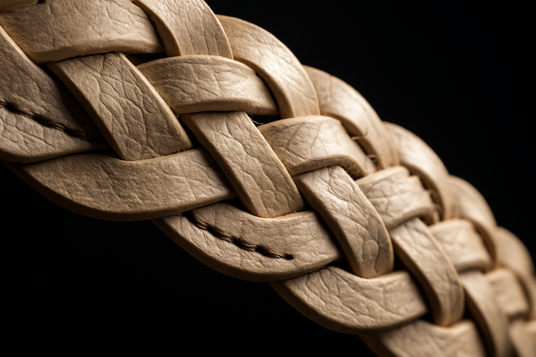 Close-up detail of beige braided leather belt with dark background