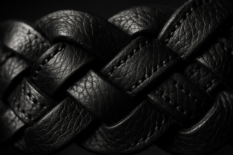 Close-up detail of black braided leather belt