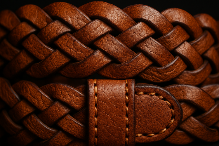 Close-up detail of brown braided leather belt