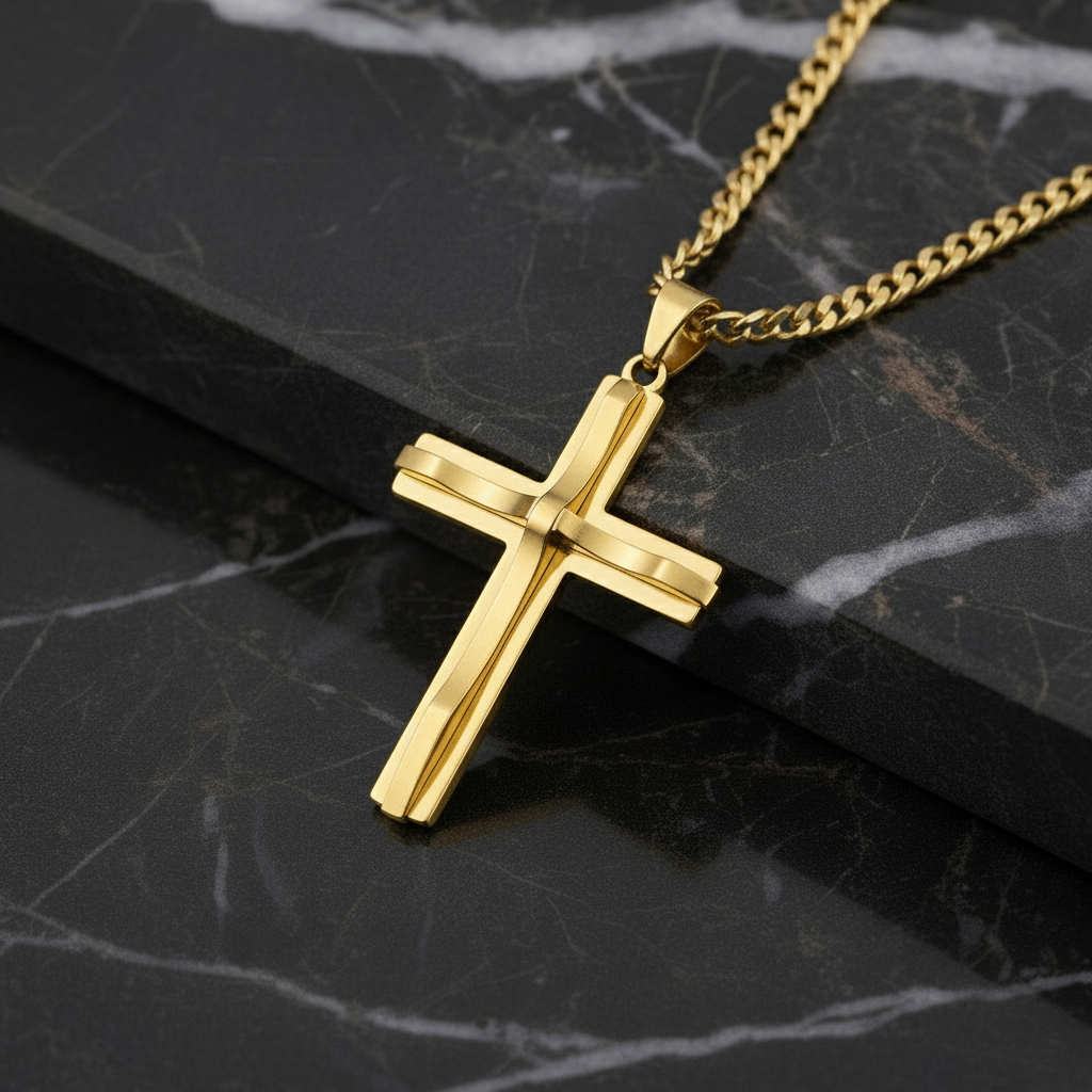 Close-up detail of gold cross pendant