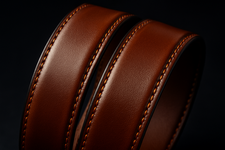 Close-up of brown leather belt with detailed stitching - dark theme