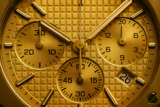 Detailed gold dial close-up with all precision elements