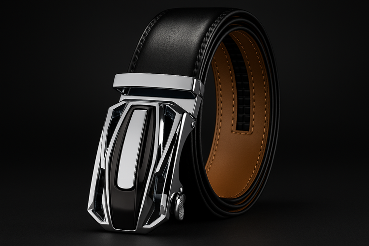 Exact match black leather belt with chrome automatic buckle