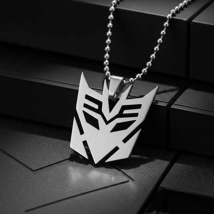 Extreme close-up macro of Decepticon necklace
