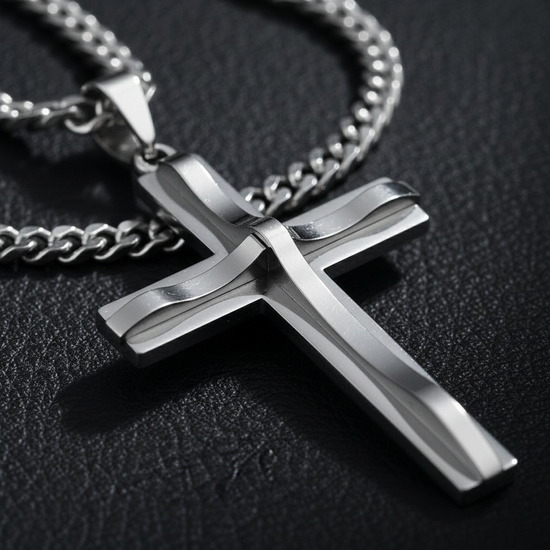 Extreme close-up macro shot of silver cross pendant