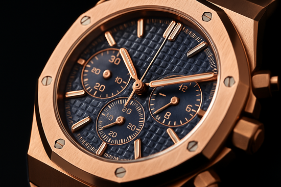 Extreme close-up of rose gold dial