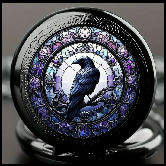 Extreme close-up stained glass raven watch