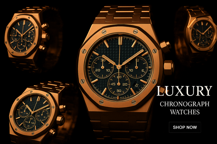Fixed luxury chronograph banner with crown and pushers
