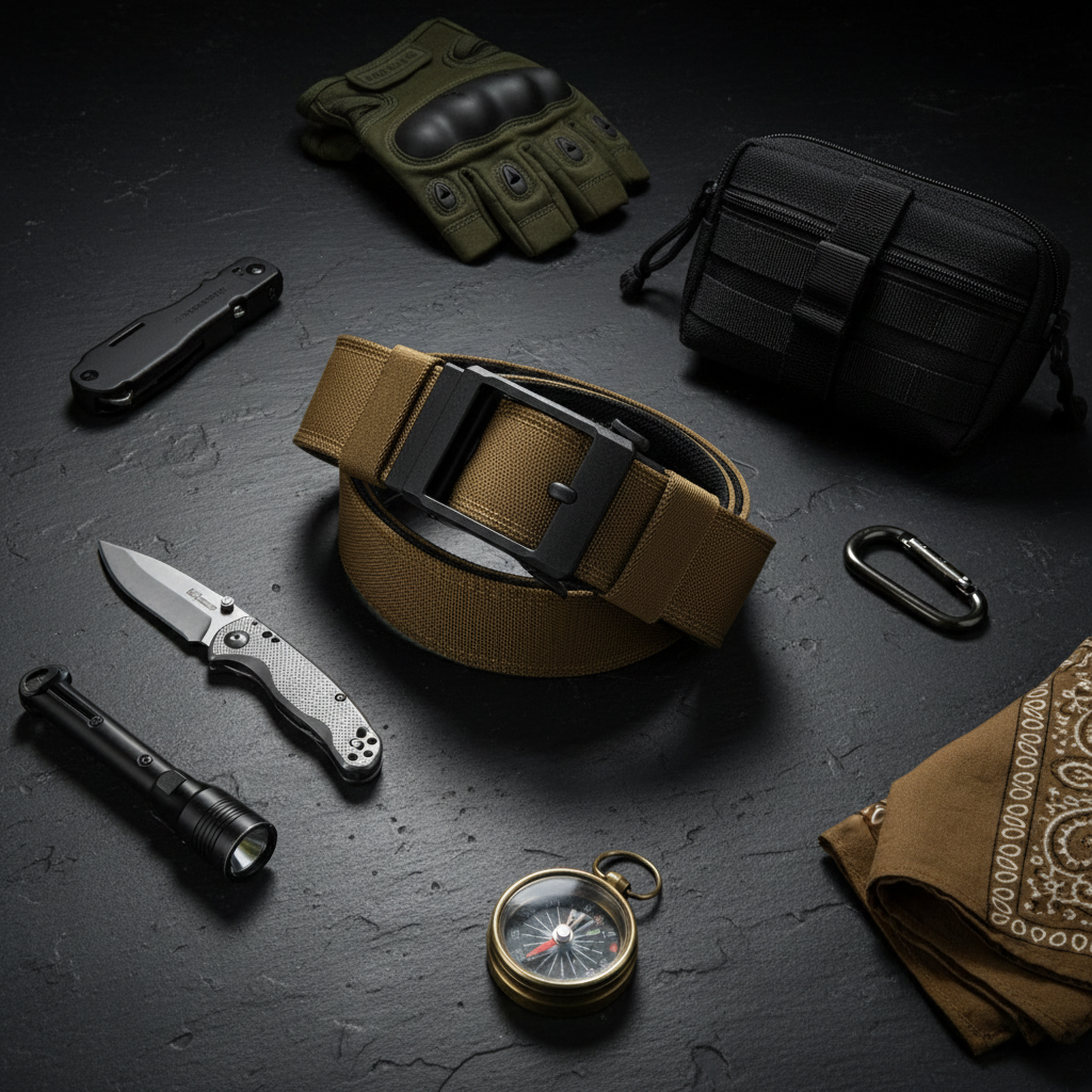 Flat lay composition with brown tactical belt and accessories