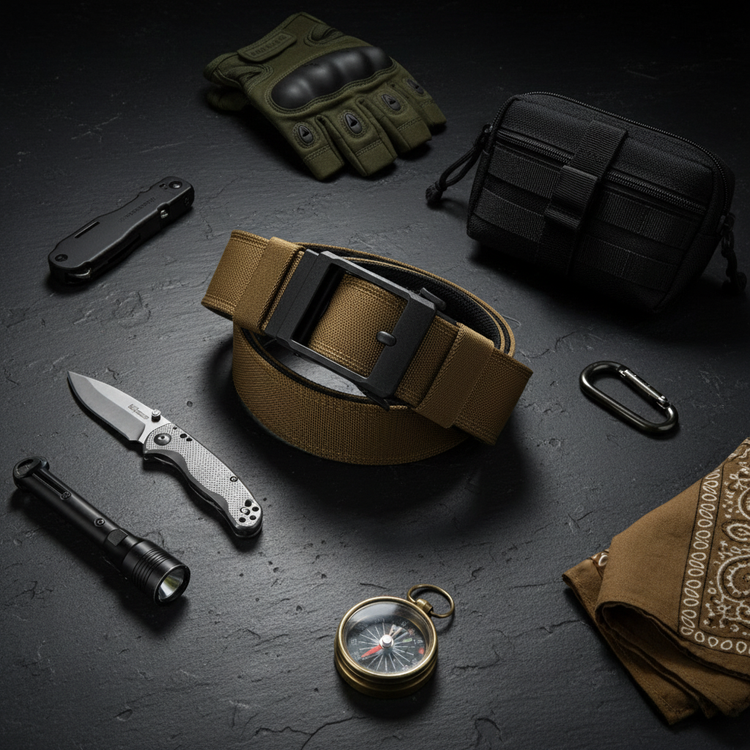 Flat lay composition with brown tactical belt and accessories
