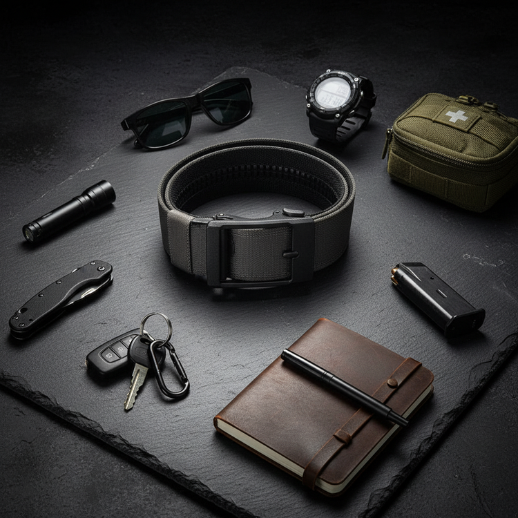 Flat lay composition with gray tactical belt and accessories