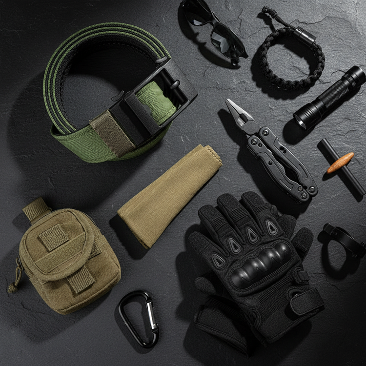 Flat lay composition with olive green tactical belt and accessories