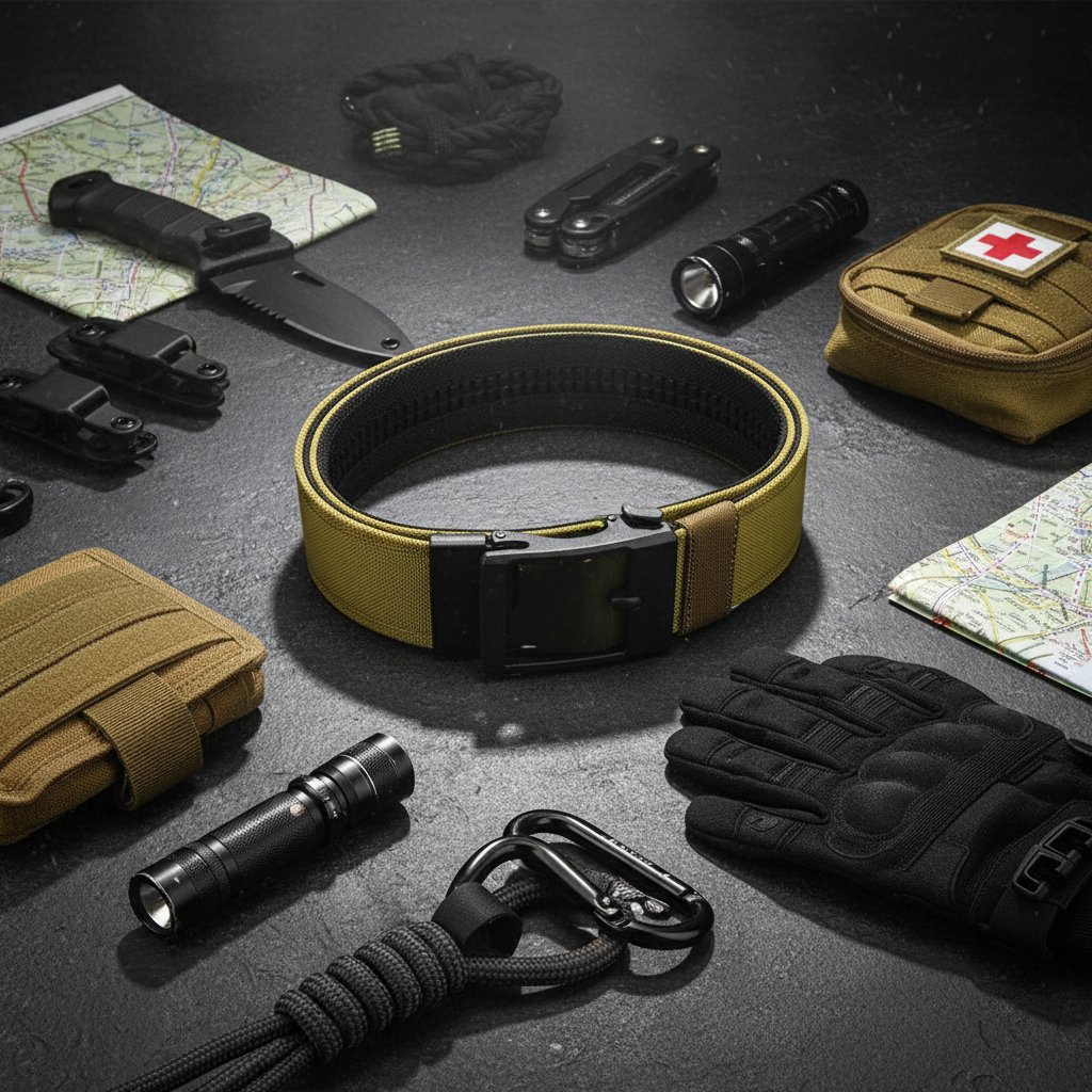 Flat lay composition with tan tactical belt and accessories