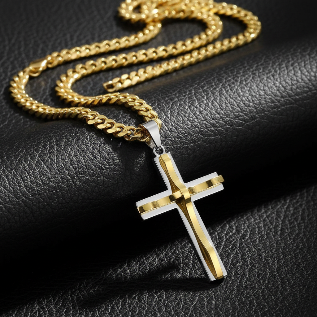 Gold and silver cross necklace on black leather