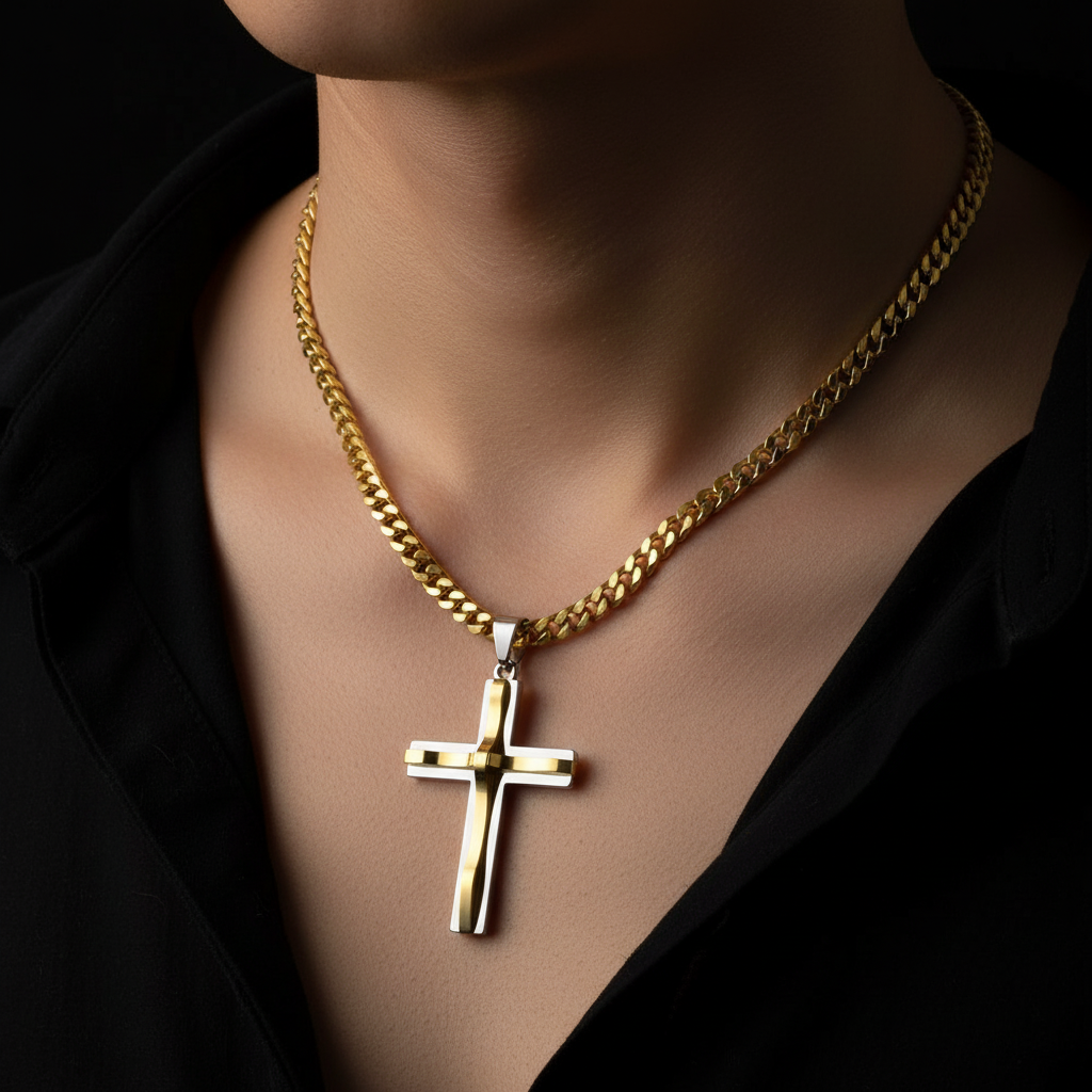 Gold and silver cross necklace on dark background - no face