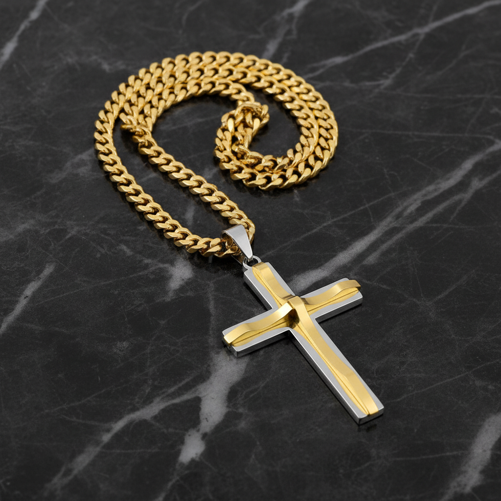 Gold and silver cross necklace on dark marble