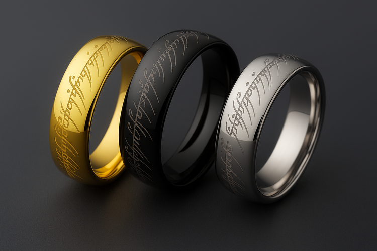 Gold, black, and silver rings presented together
