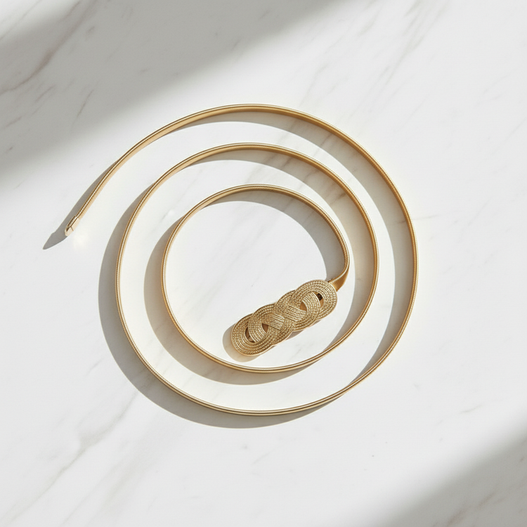 Gold chain belt in graceful spiral on marble
