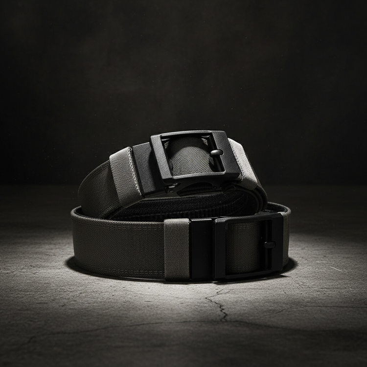 Gray tactical belt on dark concrete surface