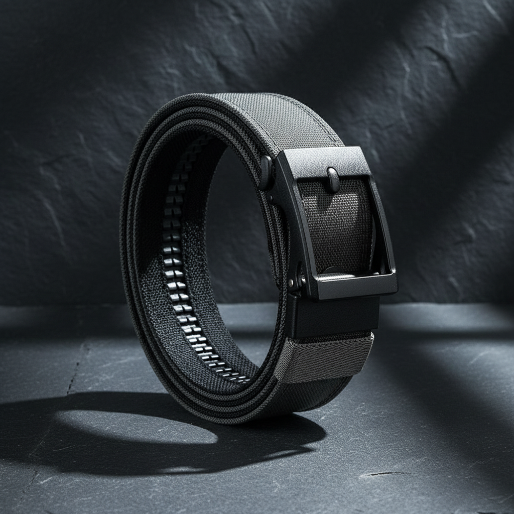Gray tactical belt on dark slate background