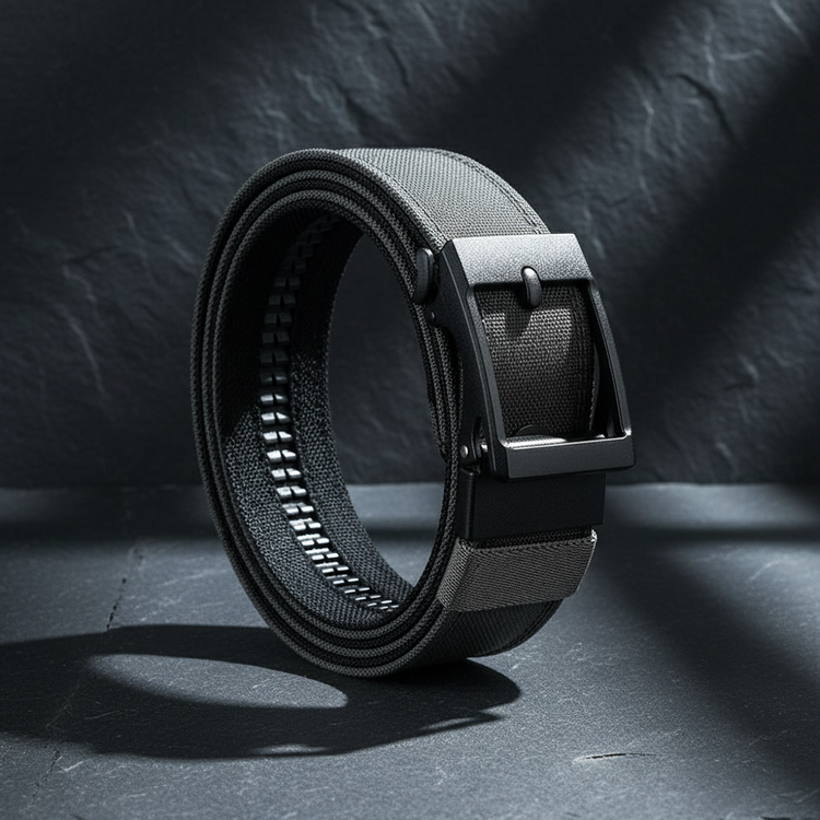 Gray tactical belt on dark slate background