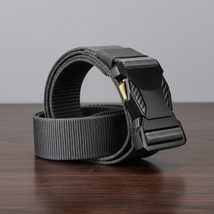 Gray tactical belt on dark wood