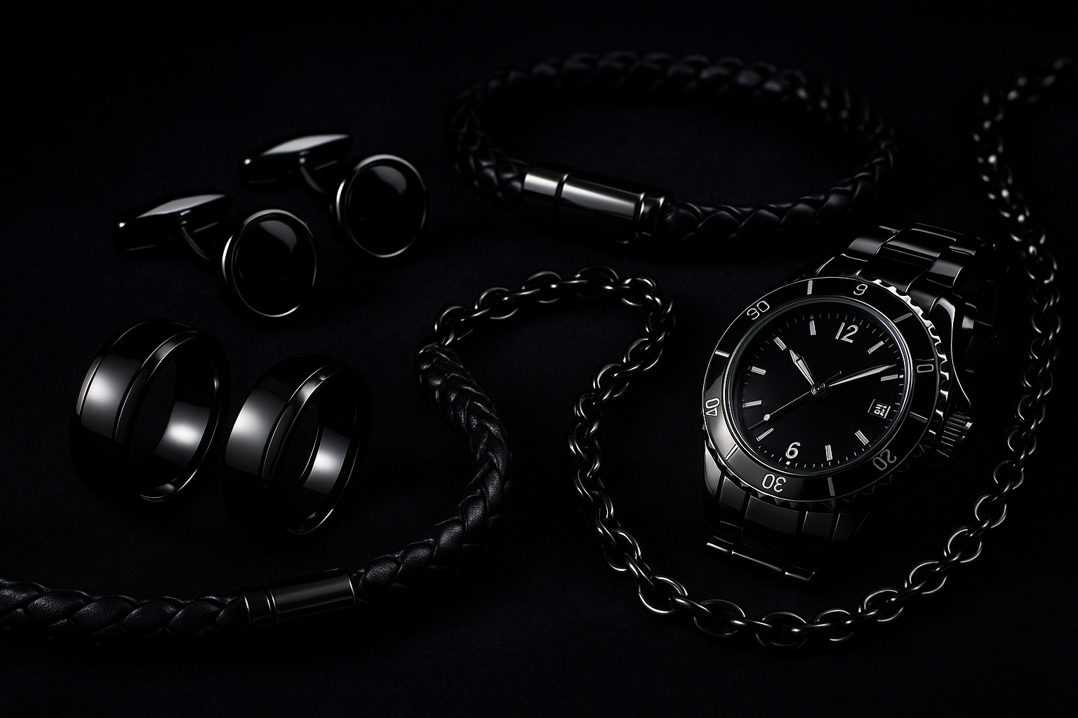 Now make an image of men’s jewelry, black and shiny