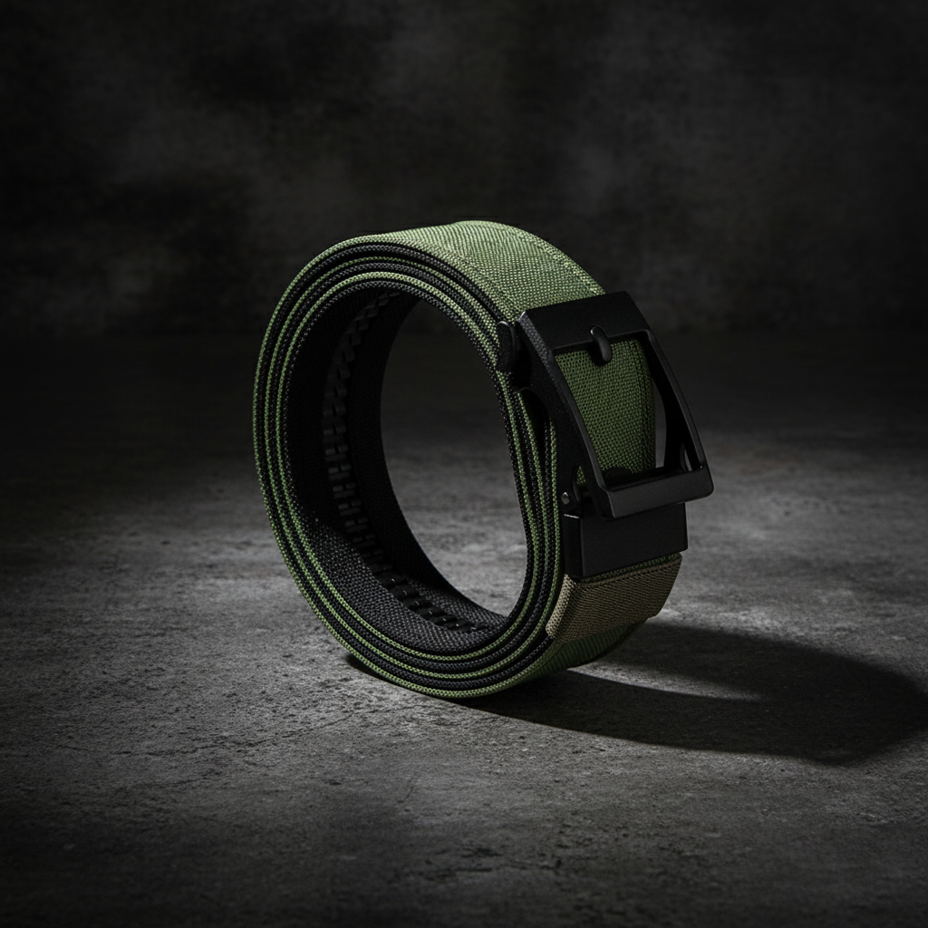 Olive green tactical belt on dark concrete surface