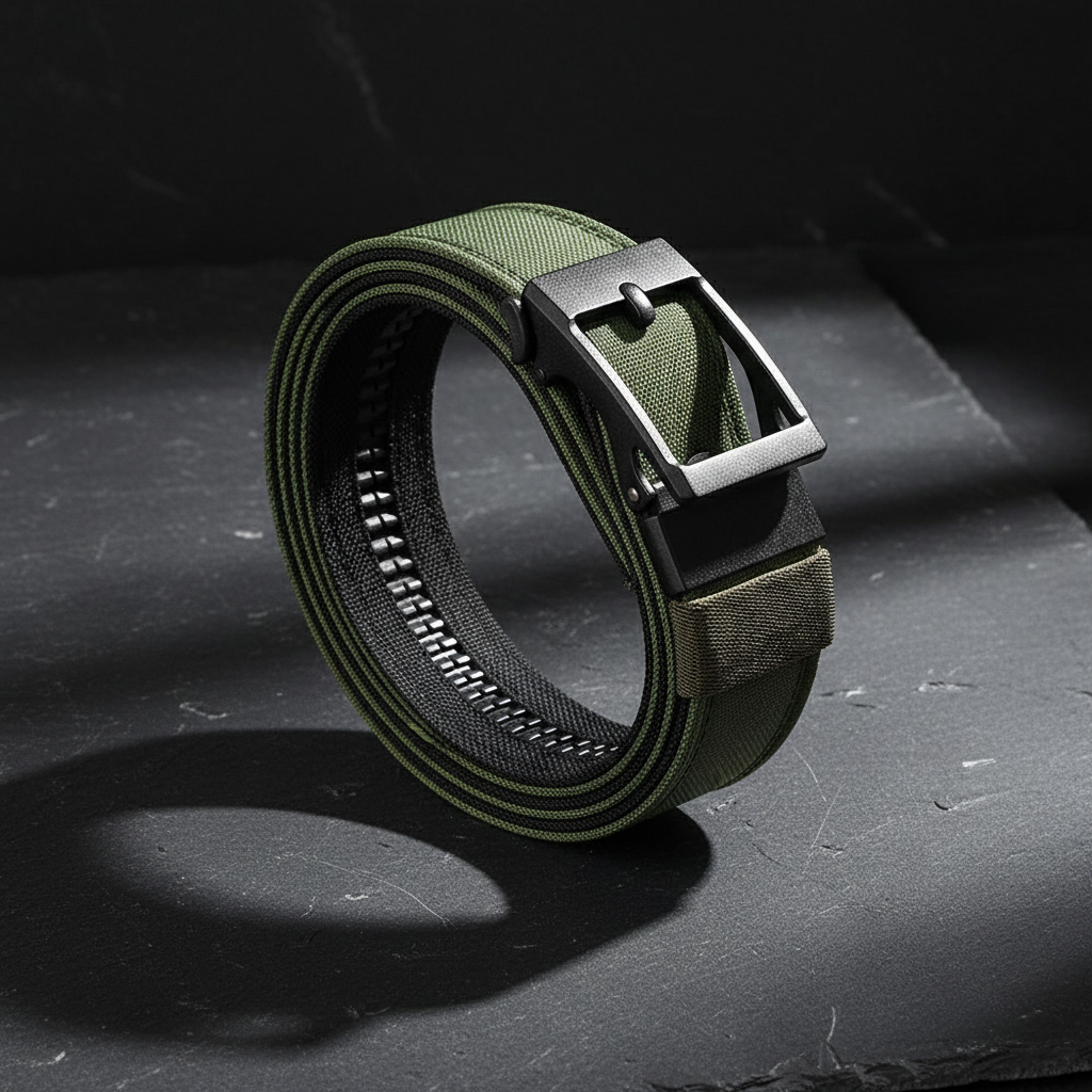 Olive green tactical belt on dark slate background