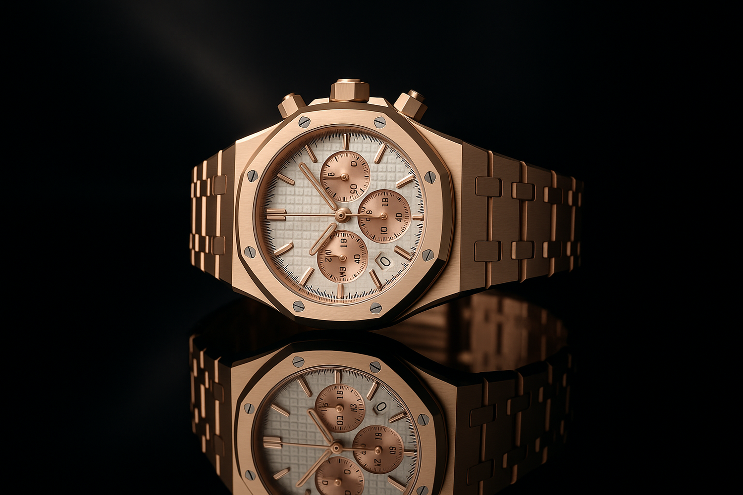 Pinkish rose gold watch with white dial
