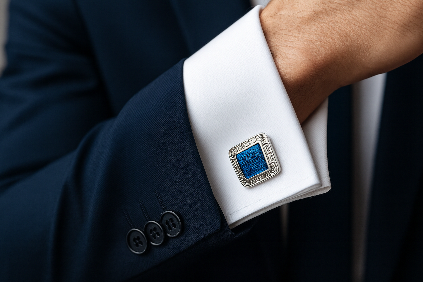 Professional businessman wearing a suit with elegant Greek key cufflinks
