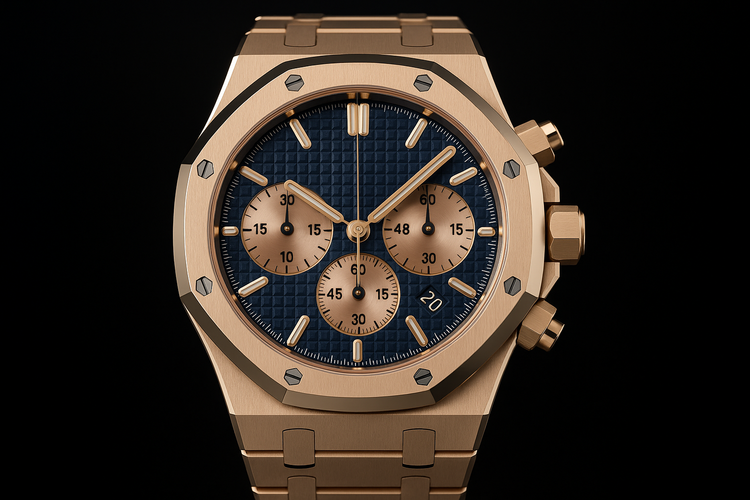 Professional multi-angle shots of rose gold watch with blue dial